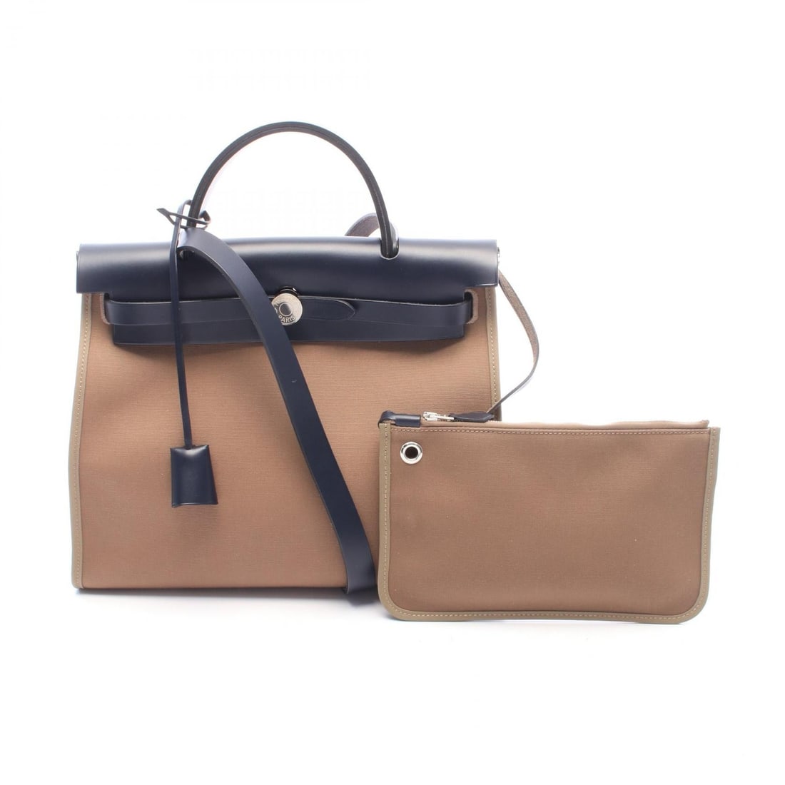 Hermès Herbag Zip PM Etoupe: Gray and navy Herbag Zip PM handbag in Toile officier and Vache leather hunter. Includes shoulder strap, cadena, key, clochette, and pouch. 31 x 24 x 10 cm. Handle 23 cm. Strap drop 46 cm. Shoulder
