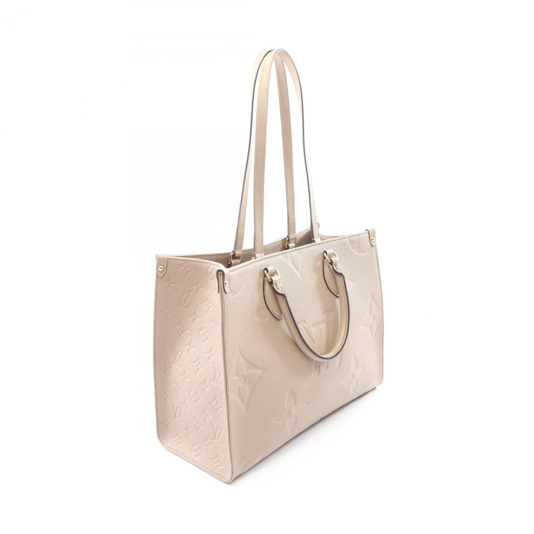 LV OnTheGo MM Tourtrell: Beige OnTheGo MM Monogram Empreinte 2WAY tote bag in leather. No accessories. 34.5 x 27 x 14 cm. Handle 33 cm. Shoulder 57 cm.