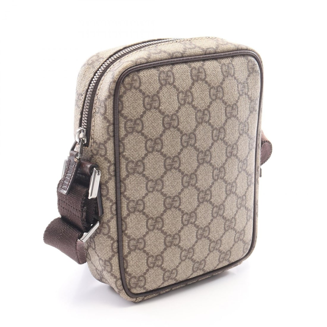 Gucci GG Plus Shoulder Beige Brown: Beige and brown GG Plus shoulder bag in PVC coated canvas and leather. Model 122754. No accessories. 14.5 x 19.5 x 4.5 cm. Shoulder 71-137 cm.