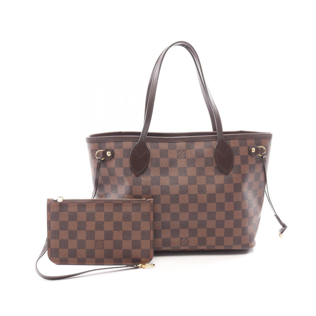 LV Neverfull PM Damier Ebene: Brown Neverfull PM tote bag in Damier Ebene PVC coated canvas and leather. Includes pouch. 28 x 22 x 12.5 cm. Handle 44 cm.