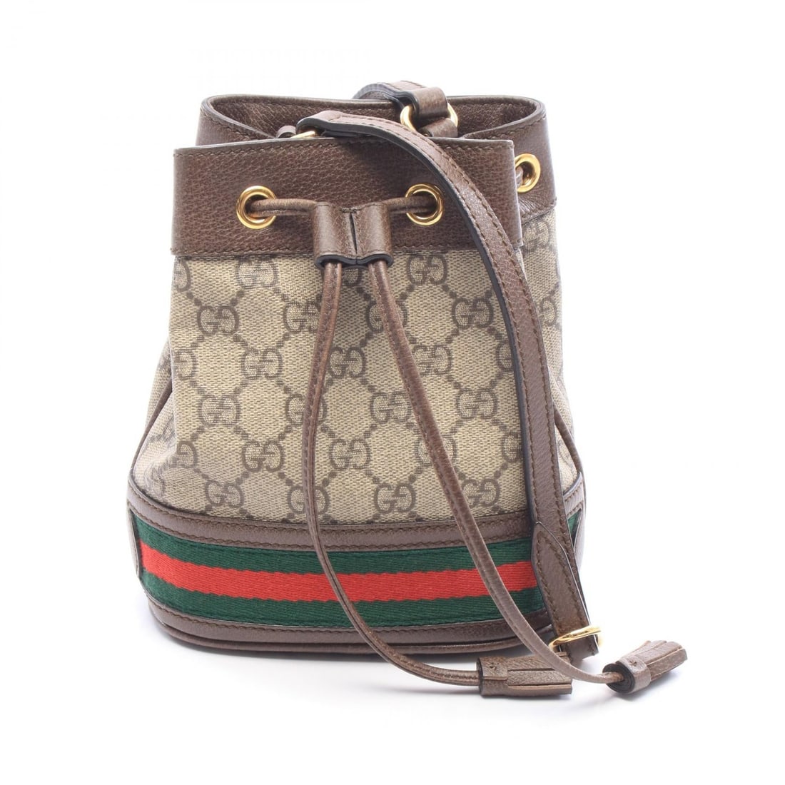 Gucci Ophidia Mini Bucket: Beige, brown, and multicolor Ophidia mini Bucket GG Supreme shoulder crossbody bag in PVC coated canvas and leather. Model 550620. No accessories. 15 x 19 x 9 cm. Shoulder 116-128 cm.