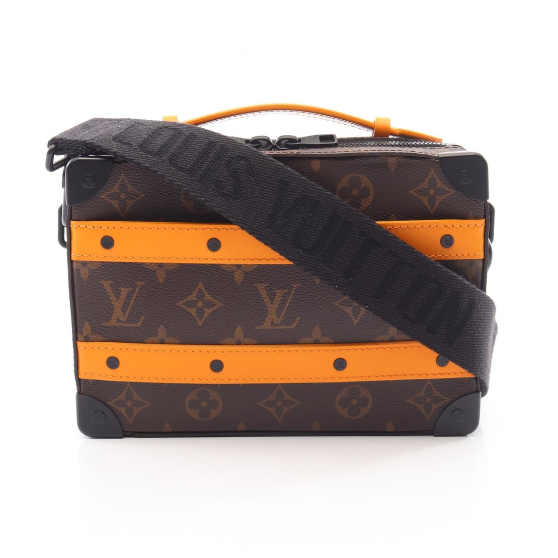 LV Handle Soft Trunk Orange: Orange and brown Handle Soft Trunk shoulder bag in Monogram Macassar PVC coated canvas and leather. No accessories. 21 x 14.5 x 7 cm. Handle 14 cm. Shoulder 101-125 cm.