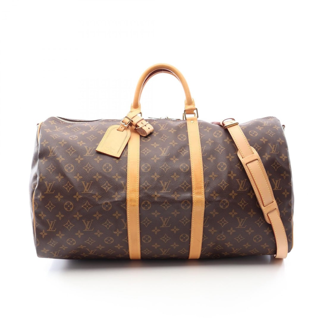 LV Keepall Bandouliere 55: Brown Keepall Bandouliere 55 travel shoulder hand bag in Monogram PVC coated canvas and leather. Model M41414. Includes shoulder strap, key, padlock, name tag, and poignet. 56 x 30 x 25 cm. Handle 33
