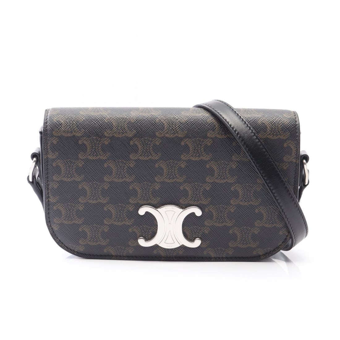 Celine Small Triomphe Crossbody Black: Black Small Triomphe crossbody shoulder bag in PVC coated canvas and leather. No accessories. 17 x 12 x 3 cm. Shoulder 114-132 cm.