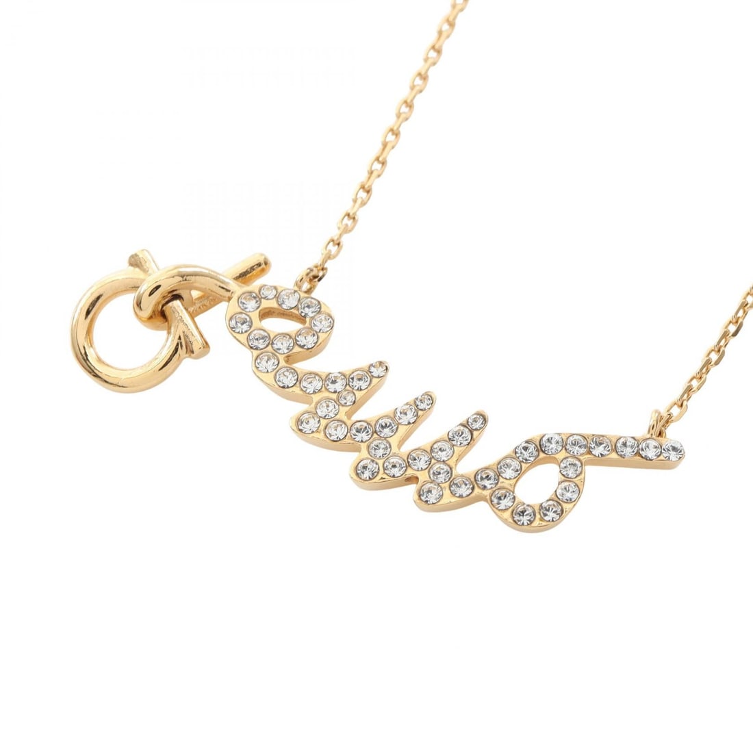Ferragamo AMO Gancini Gold Necklace: AMO Gancini necklace in gold plated metal with rhinestone. Adjustable neck size 43-48cm. Motif 30mm wide x 7mm high.