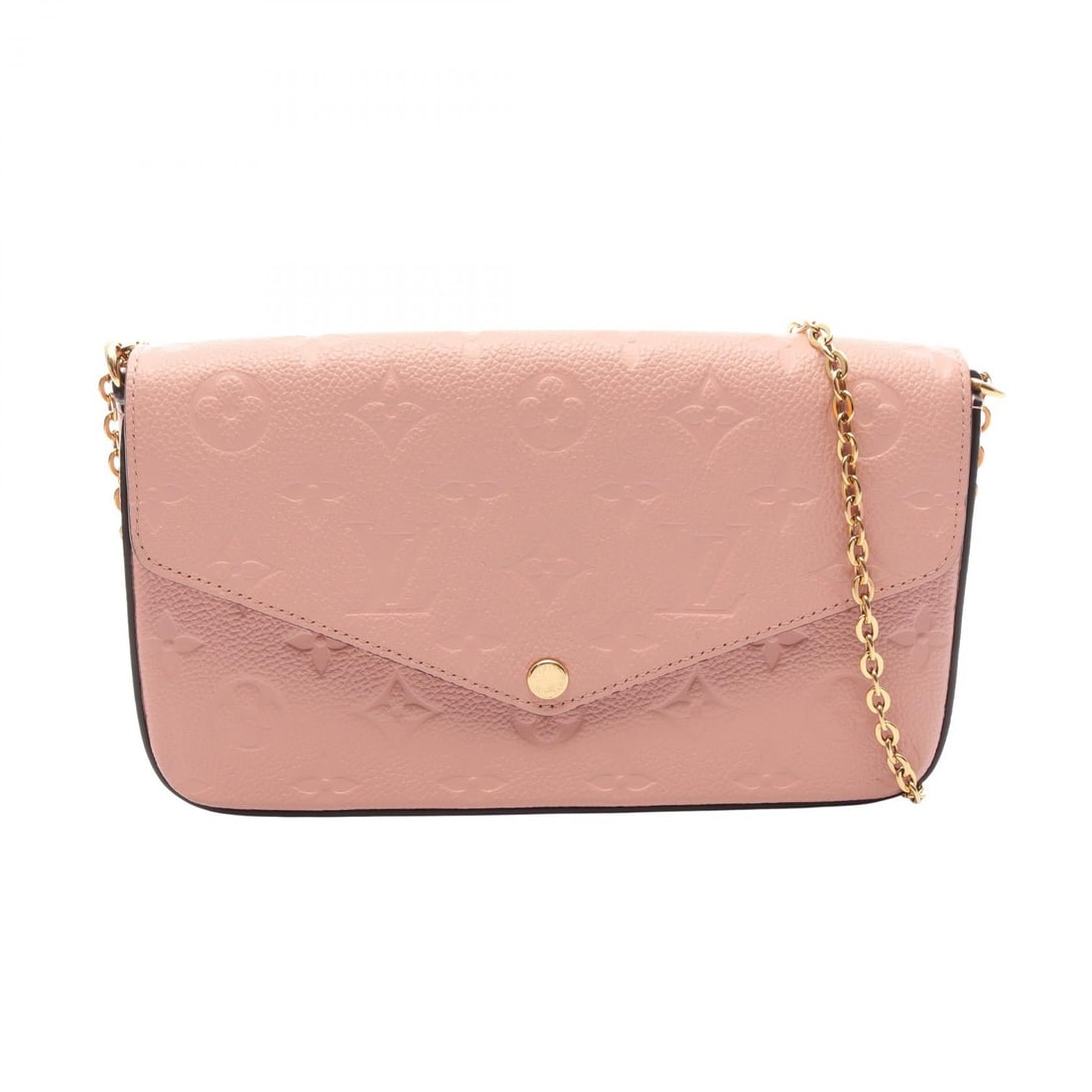 LV Pochette Felicie Chain Pink: Rose poodle pink Pochette Felicie chain shoulder bag in leather. Includes pouch. 21 x 13 x 3 cm. Shoulder 115 cm.