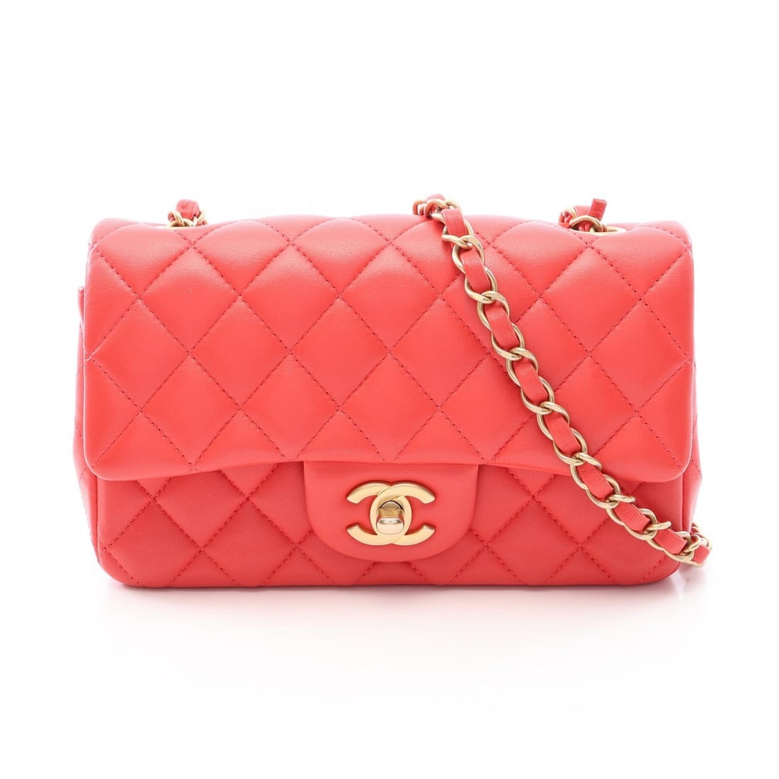 Chanel GHW Mini Matelasse Red: Red Mini Matelasse chain shoulder crossbody bag in lambskin with GHW. No accessories. 20 x 12 x 6.5 cm. Shoulder 120 cm.