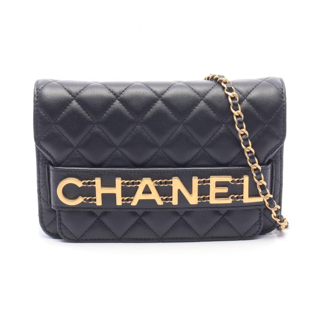 Chanel GHW Logo Chain Black: Black Matelasse logo chain crossbody shoulder bag in lambskin with GHW. No accessories. 19 x 12.5 x 3 cm. Shoulder 128 cm.