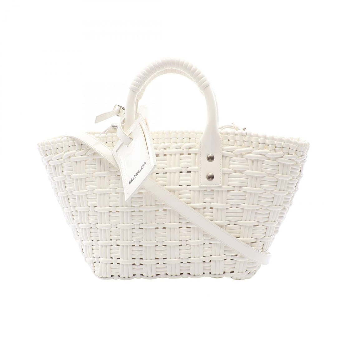 Balenciaga Bistro XS 2Way White: White BISTRO XS basket bag 2WAY tote bag in enamel. Model 671342. Includes shoulder strap. 22 x 19 x 12 cm. Handle 30 cm. Shoulder 93-117 cm.