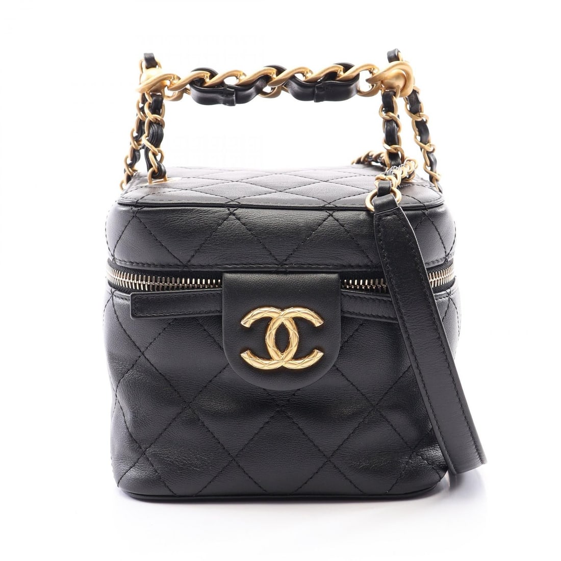 Chanel GHW Vanity Bag Black: Black Matelasse Vanity hand shoulder bag in lambskin with GHW. No accessories. 13.5 x 13 x 14 cm. Handle 13 cm. Shoulder 115 cm.