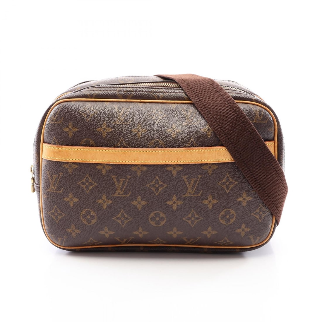 LV Reporter PM Monogram Brown: Brown Reporter PM shoulder crossbody bag in Monogram PVC coated canvas and leather. Model M45254. No accessories. 27 x 20 x 5/7 cm. Shoulder 82-128 cm.