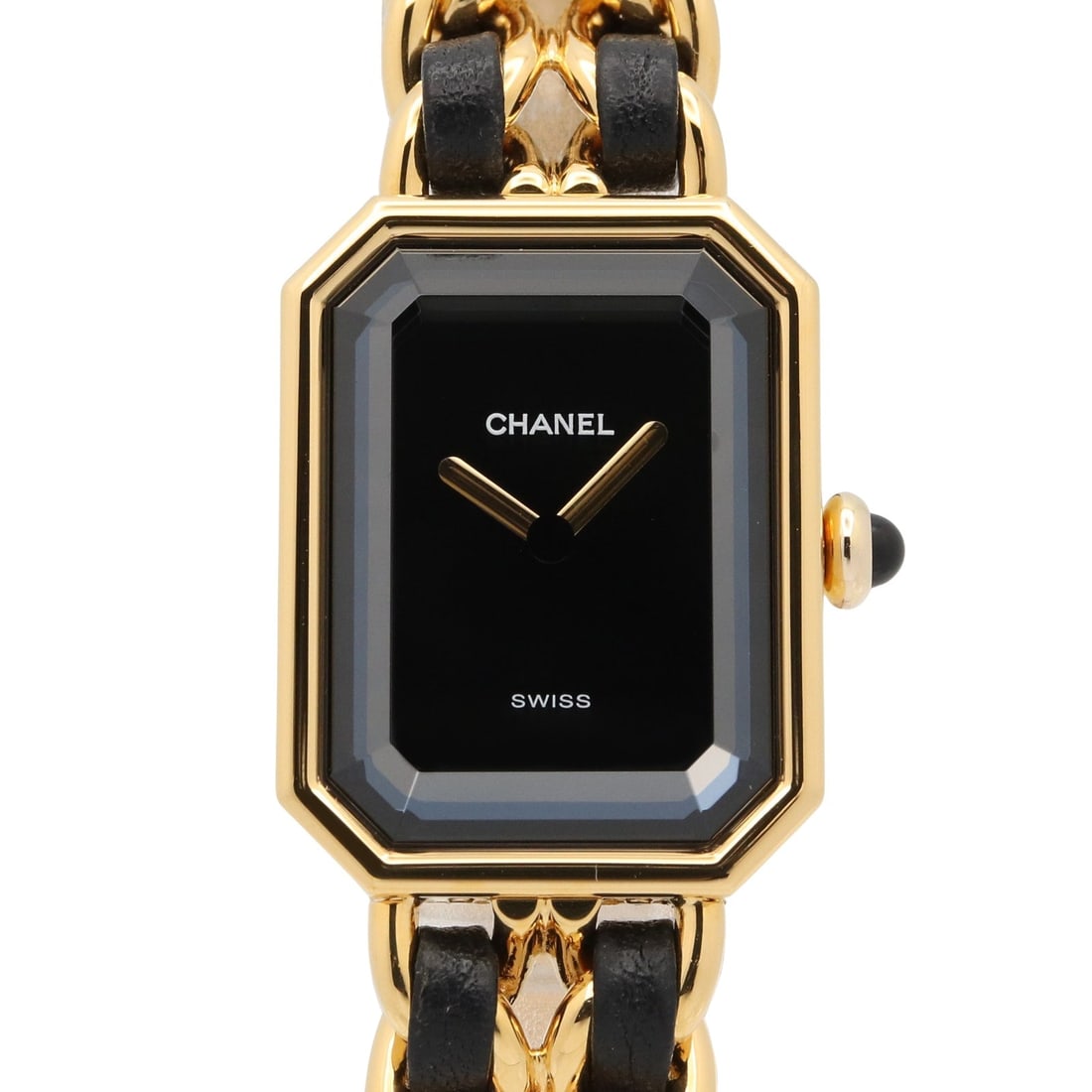 Chanel Premiere L H0001 Gold-Plated Watch: Watch in black. Gold-plated case with leather. Model H0001. Case 26 x 20mm; max wrist 16cm.