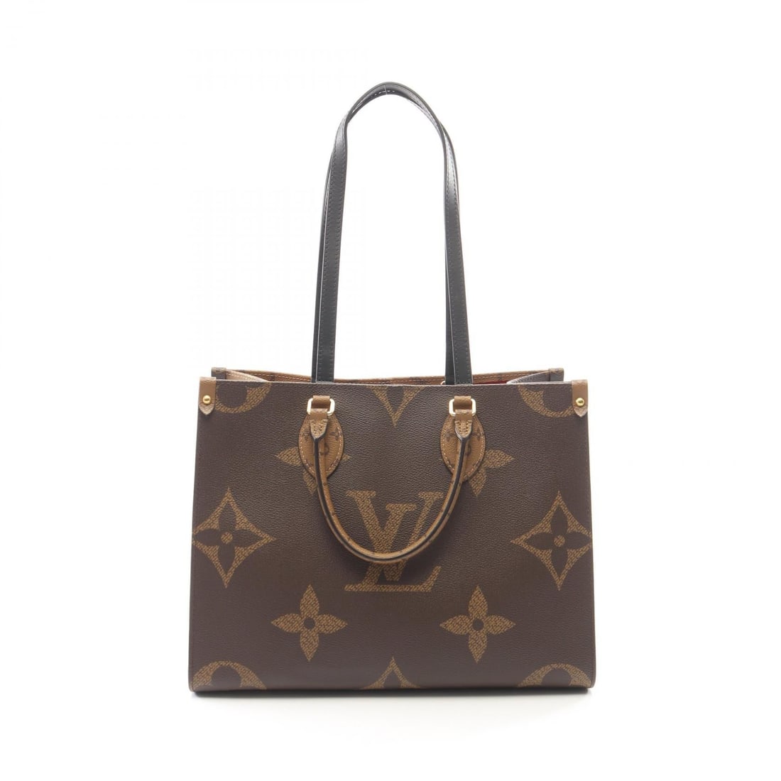 LV OnTheGo MM Giant Reverse: Beige and brown OnTheGo MM 2WAY tote bag in Monogram Giant Reverse PVC coated canvas and leather. No accessories. 34.5 x 27 x 14 cm. Handle 33 cm. Strap drop 26 cm. Shoulder 57 cm.