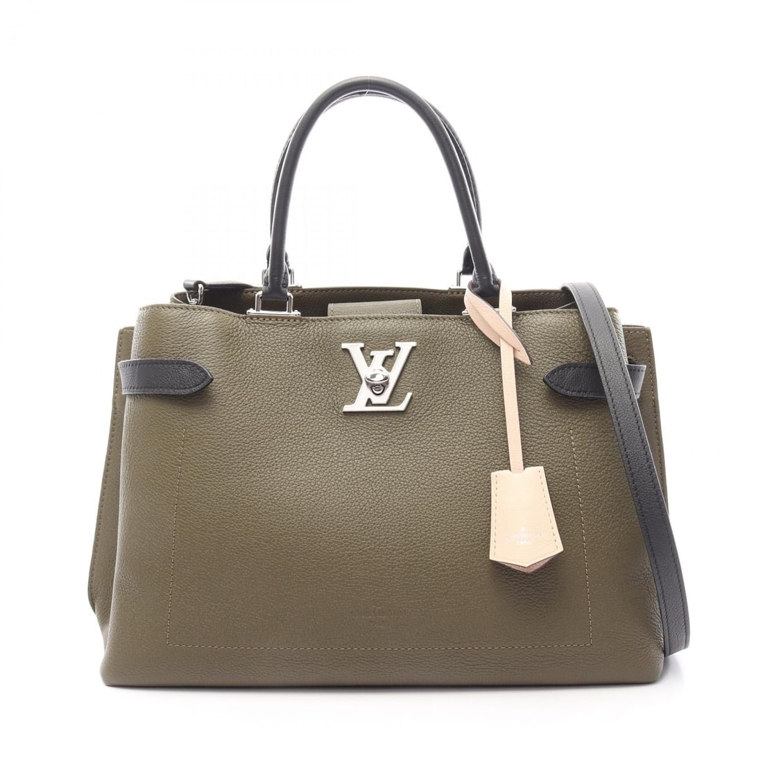 LV Lockme Day Khaki: Bay leaf khaki and black Lockme Day shoulder crossbody handbag in leather. Includes shoulder strap. 33 x 23 x 15 cm. Handle 34 cm. Shoulder 110 cm.