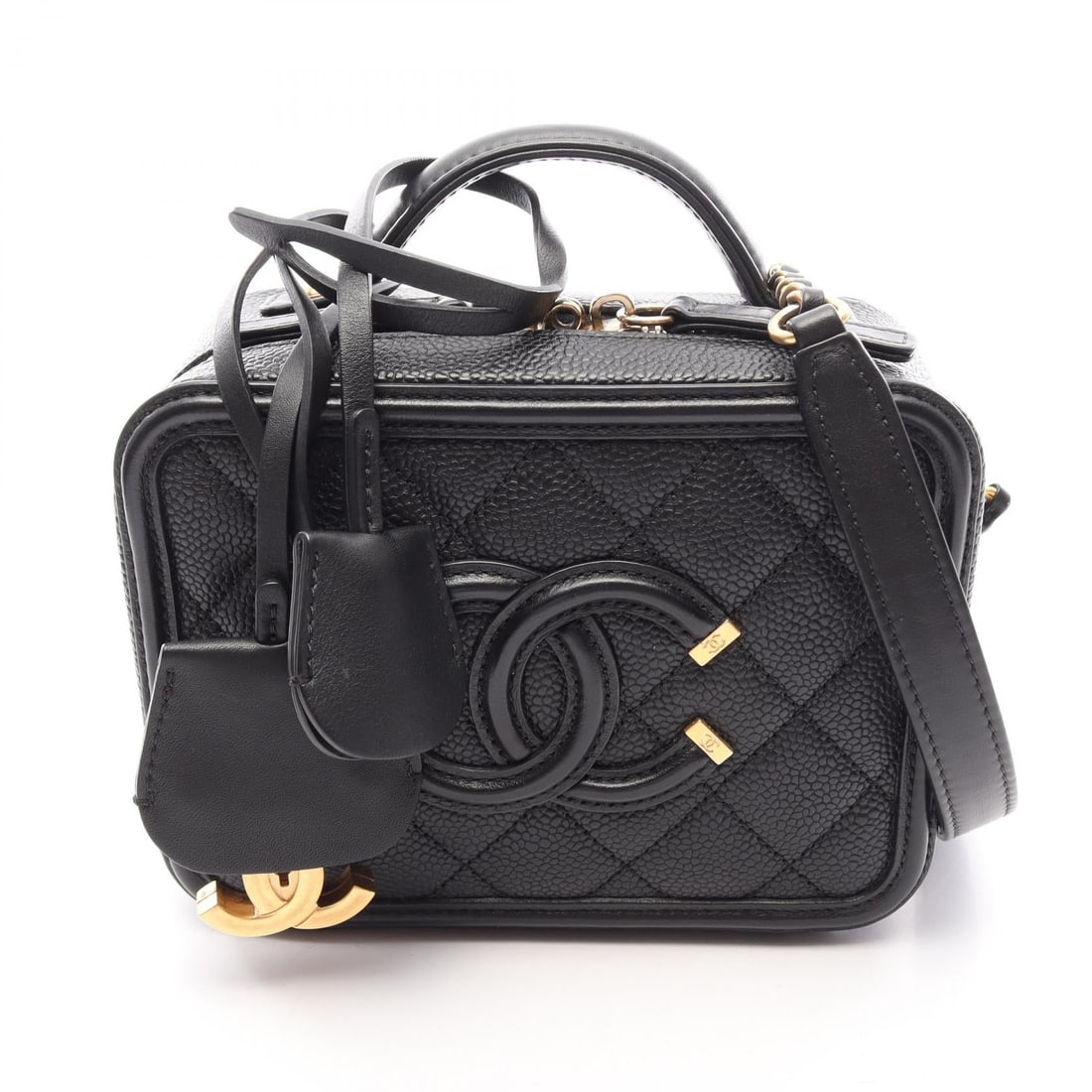 Chanel Figley Vanity 2Way Black: Black CC Figley Small Vanity Bag 2WAY in grained calfskin. Includes clochette, key, and padlock. 16 x 12 x 7 cm. Handle 12 cm. Shoulder 130 cm.
