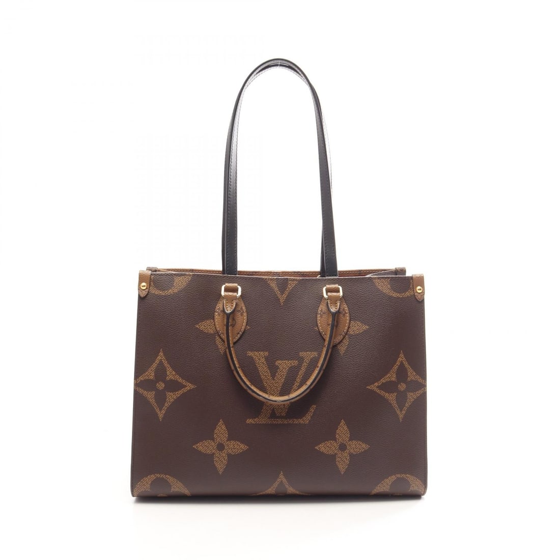 LV OnTheGo MM Giant Reverse: Beige and brown On the Go MM tote shoulder hand bag in Monogram Giant Reverse PVC coated canvas and leather. No accessories. 34.5 x 27 x 14 cm. Handle 33 cm. Strap drop 26 cm. Shoulder 57 cm.