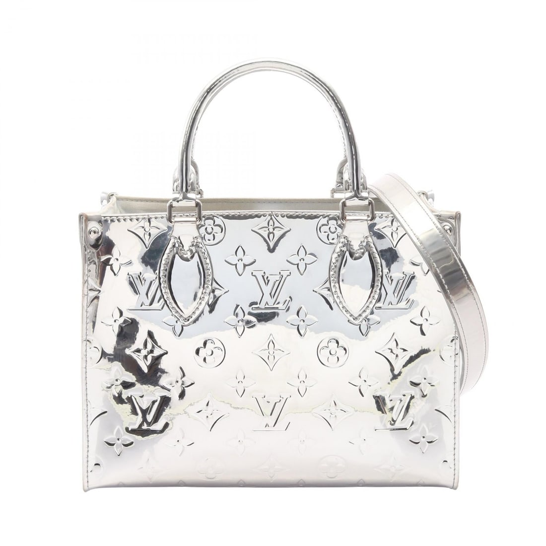 LV OnTheGo PM Argent: Argent silver On the Go PM crossbody handbag in Monogram Miroir PVC coated canvas. Includes shoulder strap. 24.5 x 19 x 10.5 cm. Handle 27 cm. Shoulder 110 cm.
