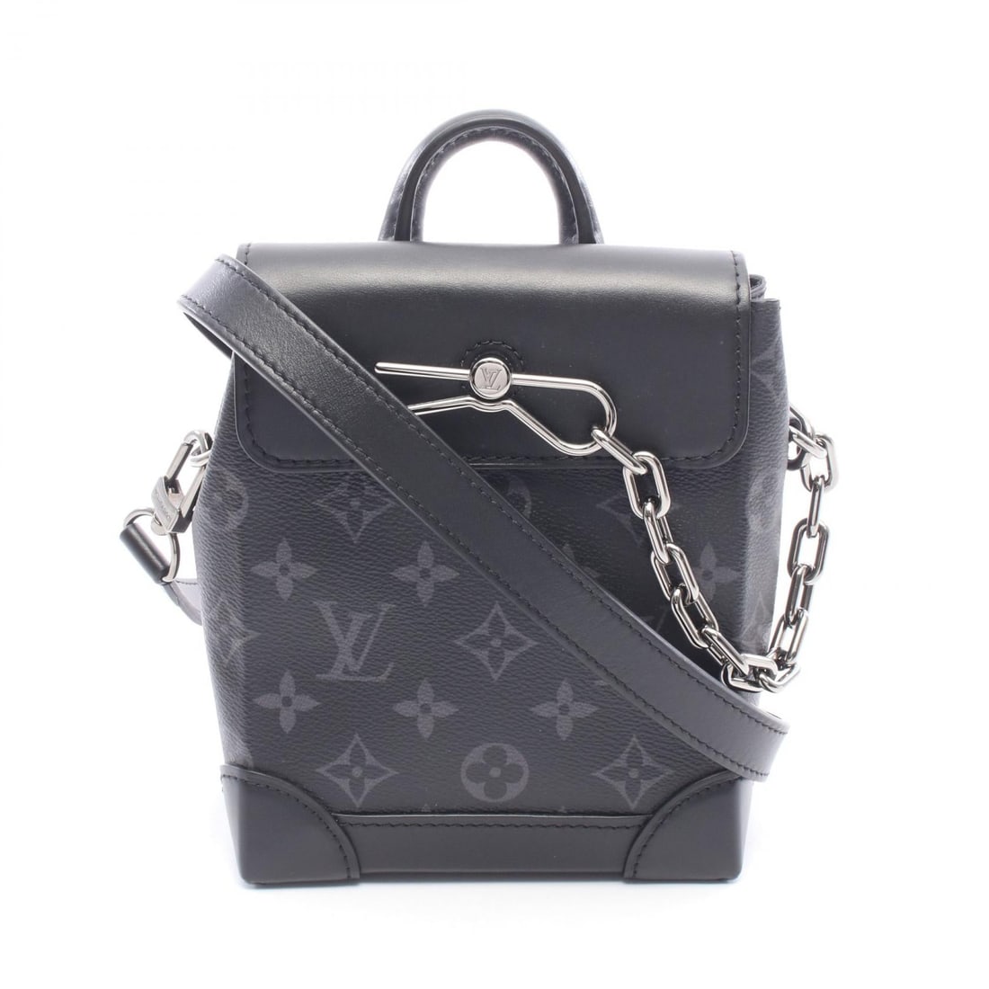 LV Nano Steamer Eclipse Black: Black Nano Steamer 2WAY shoulder bag in Monogram Eclipse PVC coated canvas and leather. Model M82774. Includes shoulder strap. 14.5 x 19 x 7 cm. Handle 15 cm. Shoulder 106-130 cm.