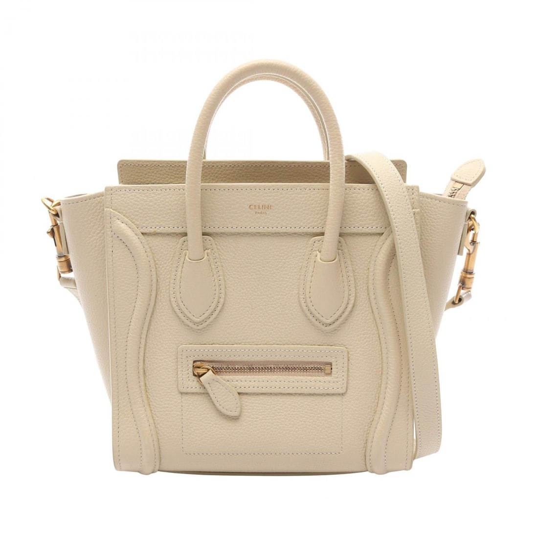 Celine Luggage Nano Beige: Beige Luggage Nano Shopper 2WAY handbag in leather. Model 189243. Includes shoulder strap. 20 x 20 x 9 cm. Handle 29 cm. Shoulder 121 cm.