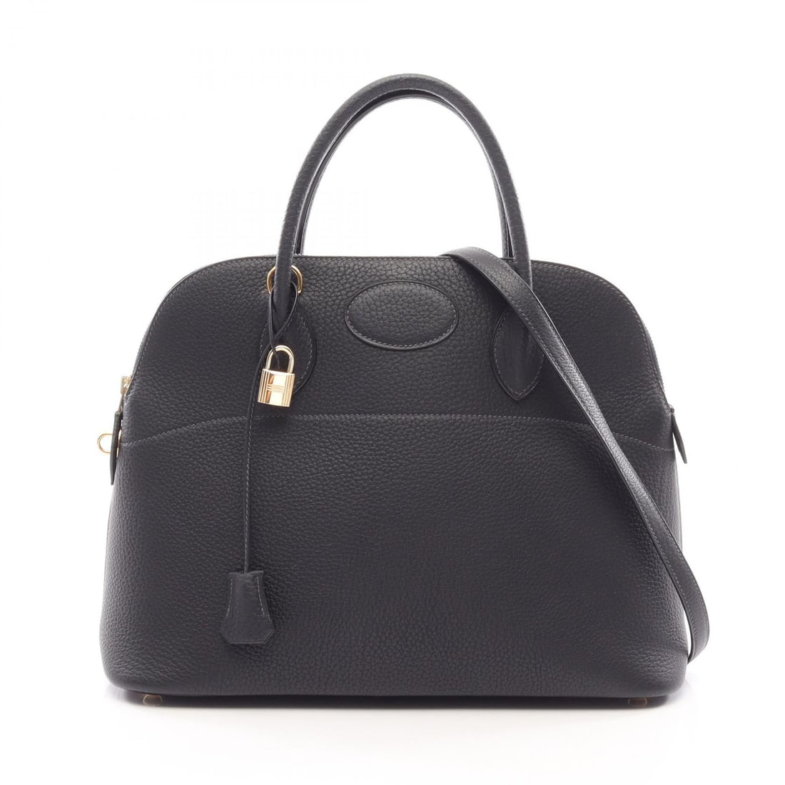 Hermès Bolide 35 Indigo GHW: Blue indigo Bolide 35 shoulder handbag in Fjord leather with GHW. Includes shoulder strap, clochette, key, and cadena. 35 x 27 x 14 cm. Handle 34 cm. Shoulder 90 cm.