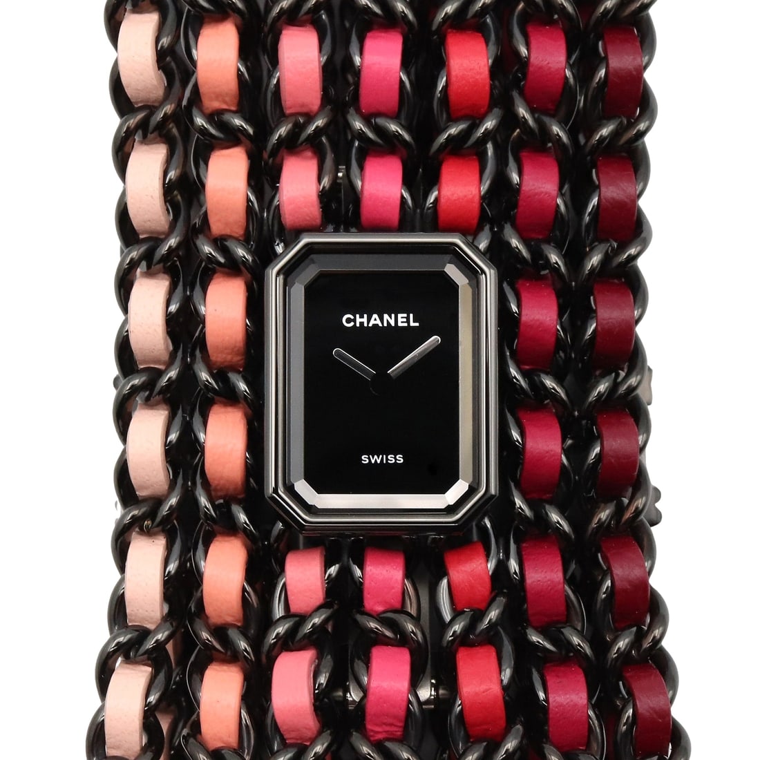 Chanel Premiere Cuff BLUSH H10329: Watch. Color: Black. Material: Stainless Steel, leather. Model H10329. Accessories: Storage box, guarantee. Case 19.6mm x 15.2mm; max wrist 15cm.