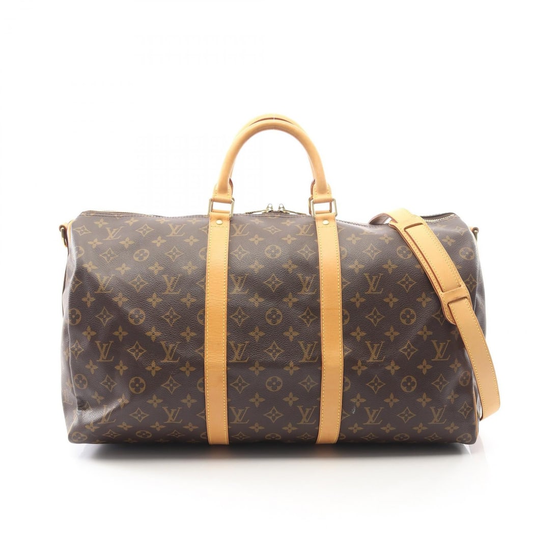 LV Keepall Bandouliere 50: Brown Keepall Bandouliere 50 shoulder travel bag in Monogram PVC coated canvas and leather. Model M41416. Includes shoulder strap. 50 x 30 x 22 cm. Handle 33 cm. Shoulder 94-112 cm.