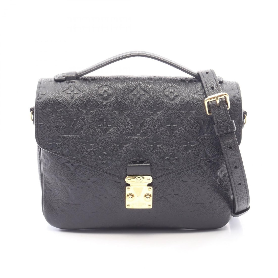 LV Pochette Metis MM Black: Black Pochette Metis MM 2WAY handbag in Monogram Empreinte leather. Includes shoulder strap. 25 x 19 x 1.5/4.5 cm. Handle 16 cm. Shoulder 112-127 cm.