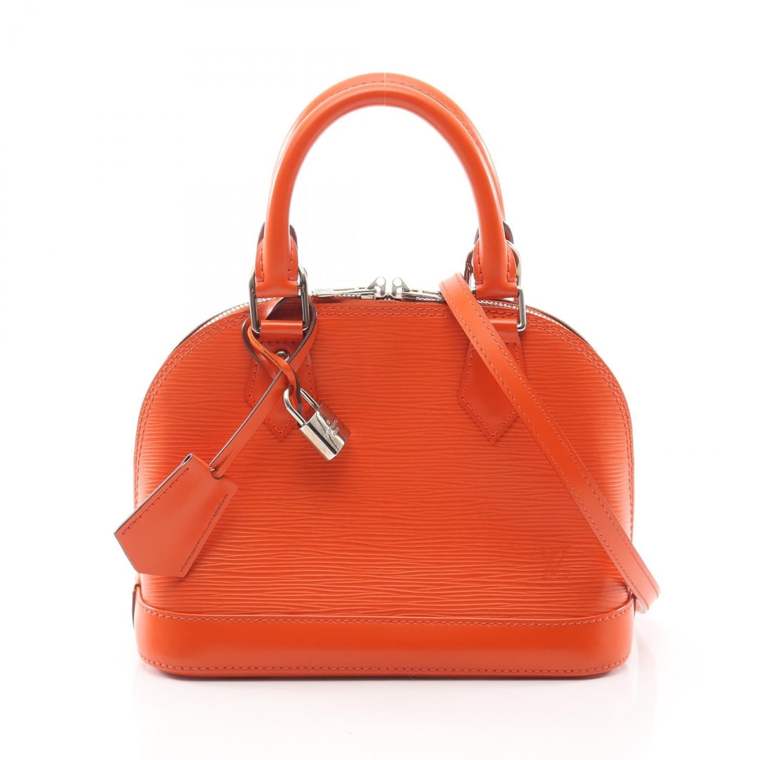 LV Alma BB Epi Orange: Piment orange Alma BB shoulder crossbody handbag in leather. Model M40854. Includes shoulder strap, clochette, key, and padlock. 24 x 17.5 x 11 cm. Handle 29 cm. Shoulder 112 cm.