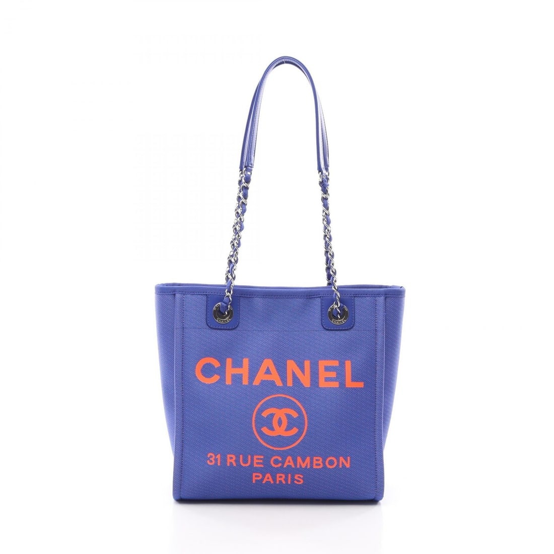 Chanel Deauville PM Blue Orange: Blue and orange Deauville PM chain shoulder tote bag in canvas and leather. No accessories. 25 x 26 x 10 cm. Strap drop 26 cm. Shoulder 64 cm.