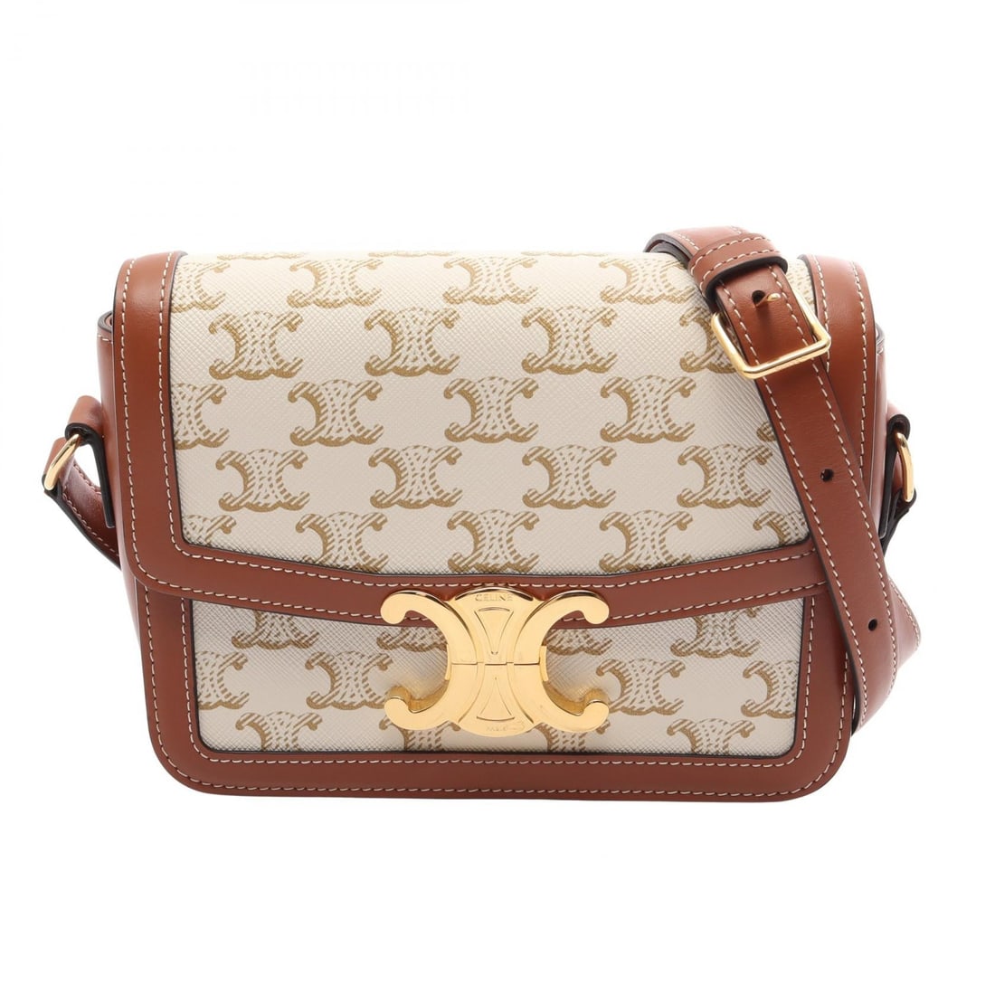 Celine Teen Triomphe White: White, beige, and brown Teen Triomphe shoulder bag in PVC coated canvas and leather. No accessories. 18.5 x 14.5 x / cm. Shoulder 84-111 cm.