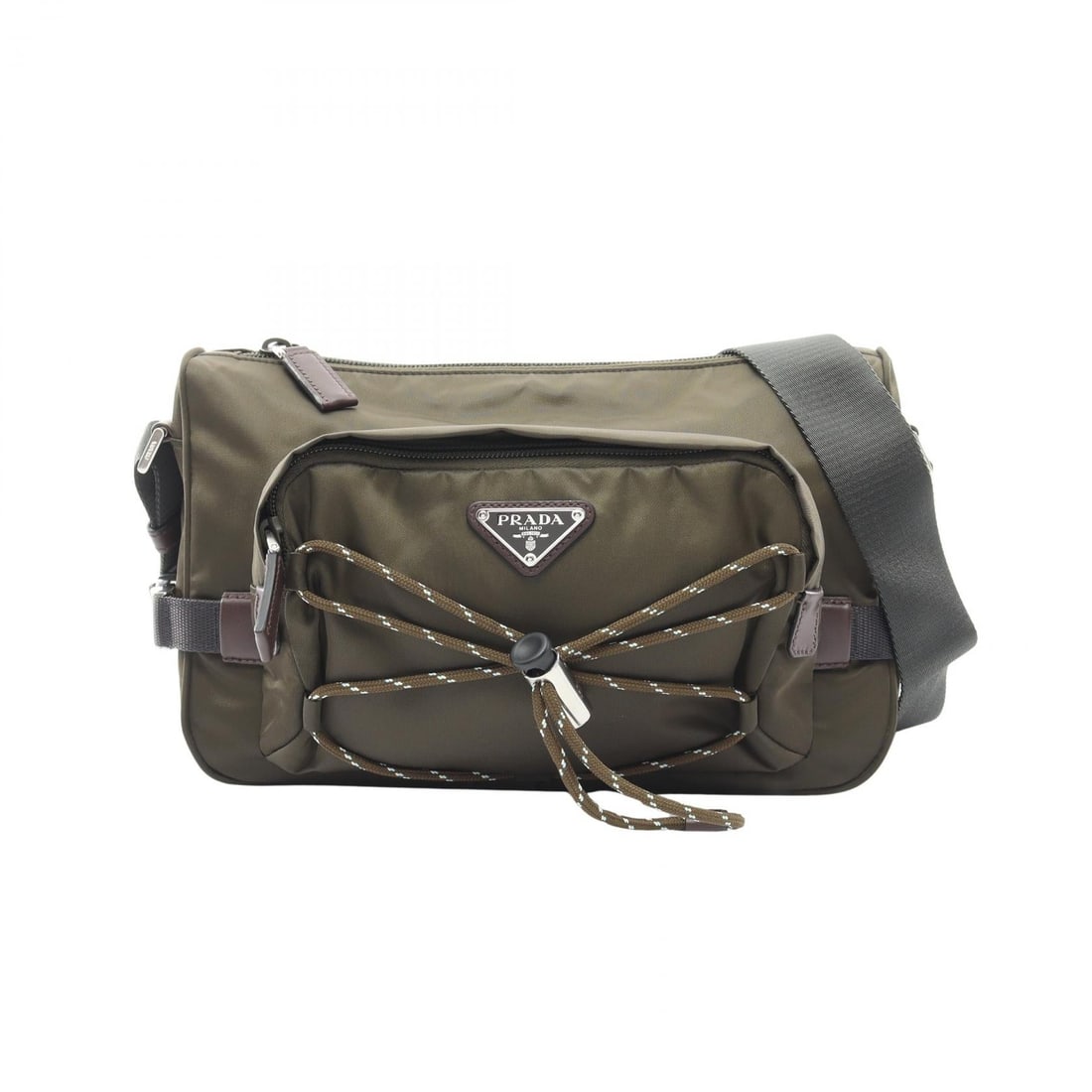 Prada Speed Lock Shoulder Khaki: Khaki and brown Speed Lock shoulder bag in nylon and leather. No accessories. 28 x 17 x 10 cm. Shoulder 73-135 cm.
