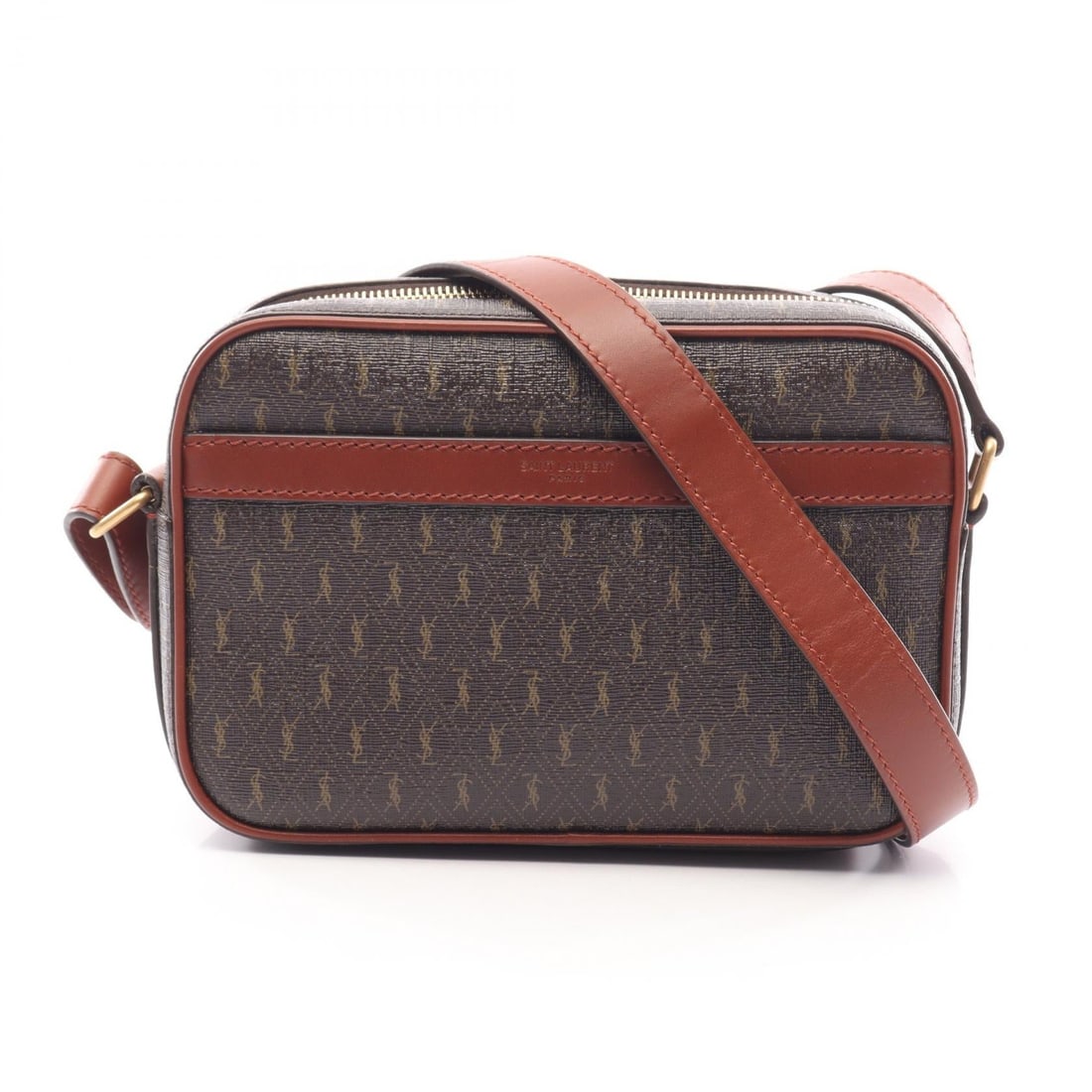 Saint Laurent Monogram Camera Bag: Brown Monogram Camera shoulder bag in PVC coated canvas and leather. Model 669957. No accessories. 21 x 14 x 6 cm. Shoulder 106-114 cm.