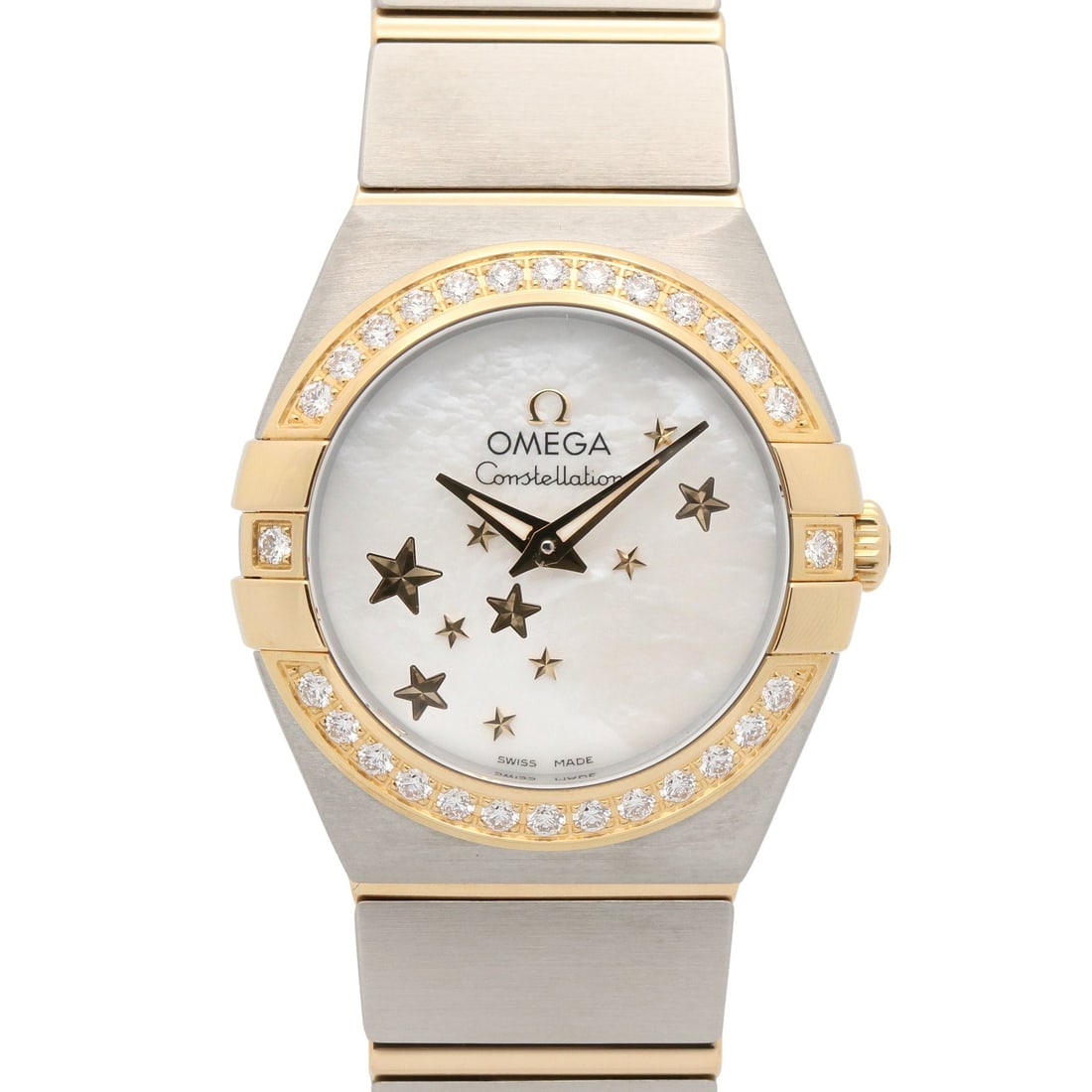 Omega Constellation Blush 24mm Watch: Watch in white and white shell. K18 yellow gold with stainless steel. Includes storage box and guarantee. Model 123.25.24.60.05.001. Case 24mm; max wrist 16cm.