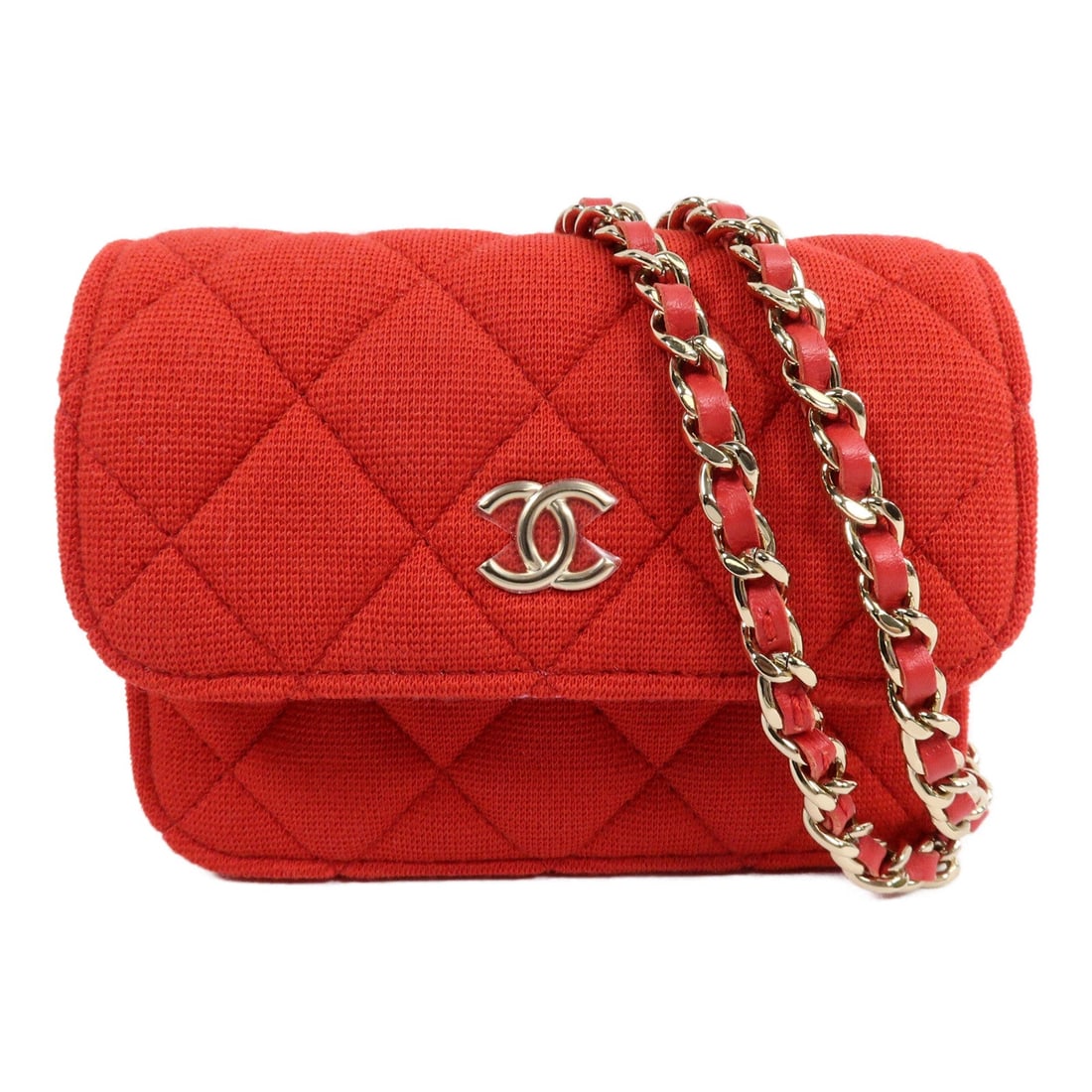 Chanel GHW Micro Mini Flap Red: Red Micro Mini Flap 2 Way shoulder bag in jersey fabric canvas with GHW. No accessories. 12.5 x 9.5 x 3 cm. Shoulder 110 cm.