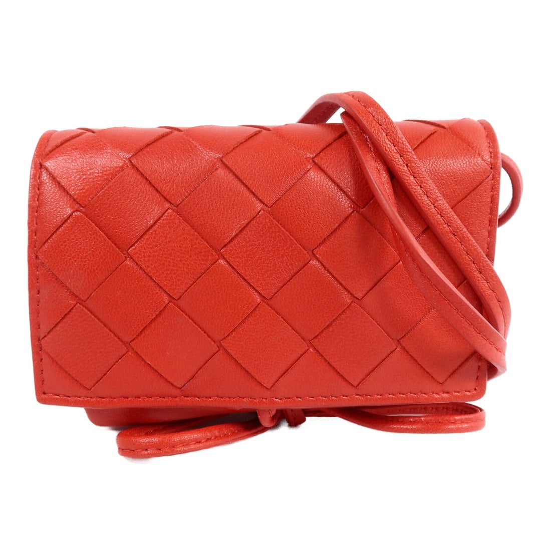 Bottega Veneta Red Lambskin Shoulder Bag: Red lambskin shoulder bag. Includes storage bag. 11.5 x 8 x 2.5 cm. Shoulder 114 cm.