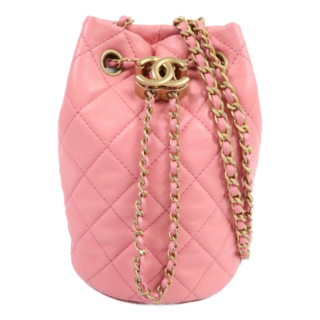 Chanel GHW Bucket Chain Pink: Pink Bucket Bag chain shoulder bag in lambskin with CC and GHW. Includes storage bags. 11.5 x 16.5 x 11 cm. Shoulder 37-114 cm.