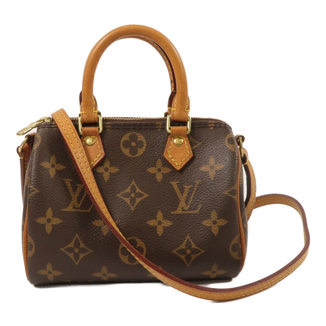LV GHW Nano Speedy Monogram: Brown Nano Speedy 2way shoulder bag in Monogram PVC coated canvas with GHW. Model M61252. No accessories. 15.5 x 13 x 8 cm. Handle 18 cm. Shoulder 114 cm.