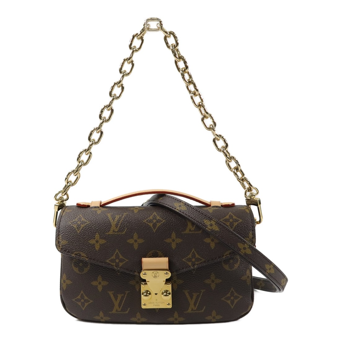 LV GHW Pochette Metis East West: Brown Pochette Metis East West 2 Way bag in Monogram PVC coated canvas with GHW. Includes storage box, storage bags, and shoulder strap. 21 x 13 x 6 cm. Handle 13 cm. Shoulder 68-102 cm.