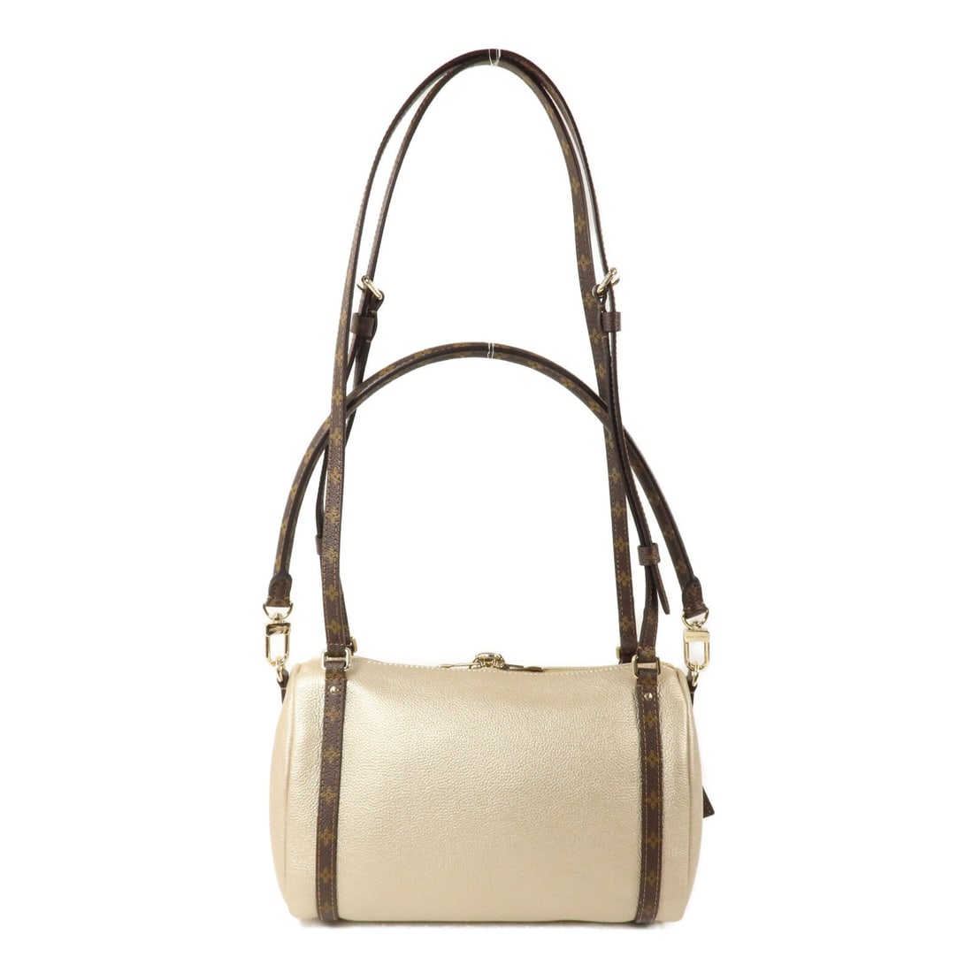 LV GHW Express PM Gold: Gold, brown, and platinum Express PM 2 Way shoulder bag in PVC coated canvas and calfskin with GHW. Includes shoulder strap, clochette, key, and padlock. 26 x 17 x 13 cm. Handle 58 cm. Shoulder 85-100