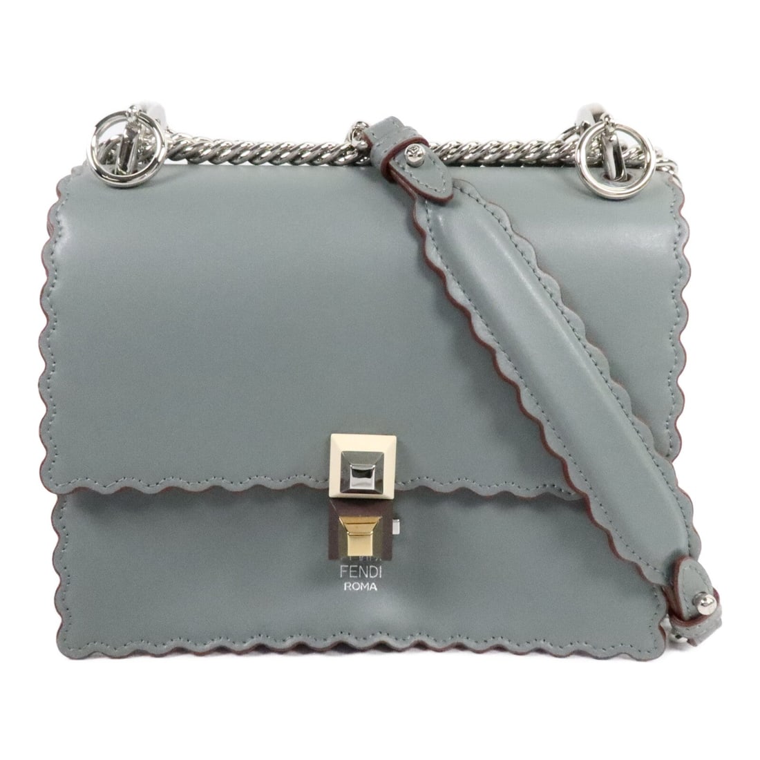 Fendi SHW Kan I Small Chain Grey: Gray Kan I Small chain shoulder bag in calfskin with SHW. Model 8M0381. No accessories. 19 x 15 x 9 cm. Shoulder 68.5-110 cm.