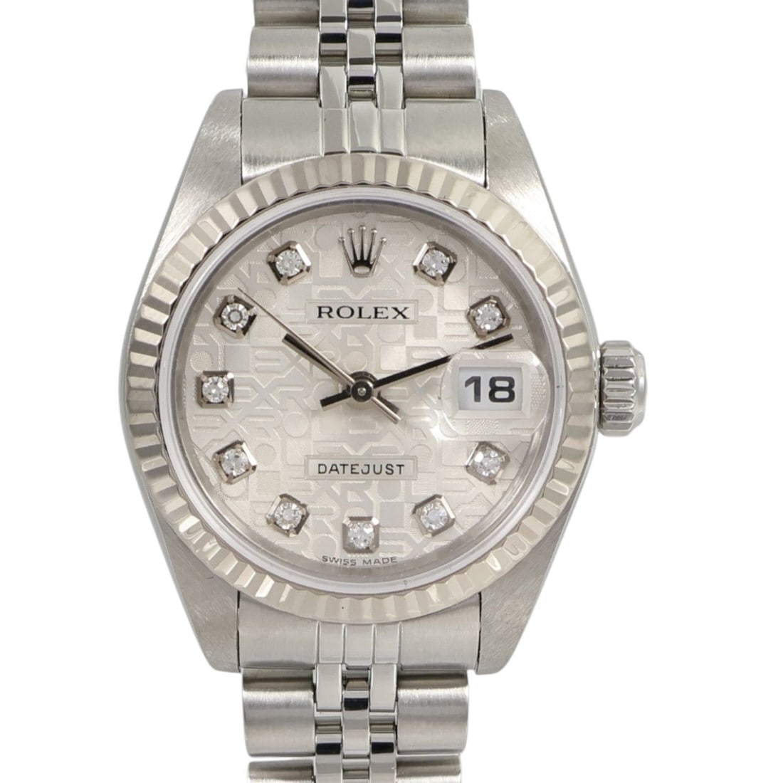 Rolex Lady-Datejust 79174J K18WG/SS: Automatic watch with Color-Other / Computer. Material: K18WG (White Gold), Stainless Steel, and Diamond. Accessories: Certificate. Model 79174J (2005). Case diameter 26mm. Max arm circumference 16cm. 