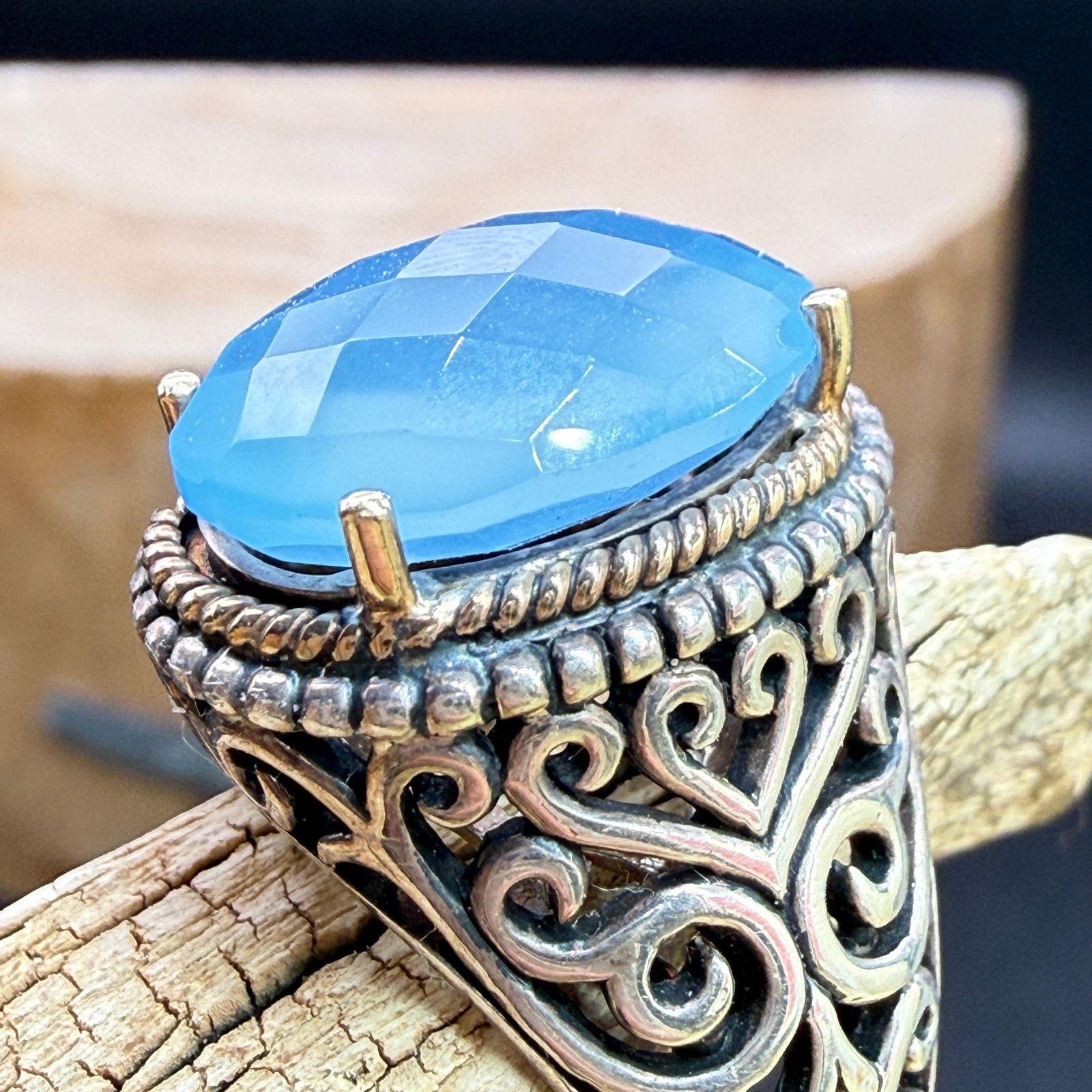 14K/925 Sterling Ring Faceted Blue Stone 11.6g Size 7-7.25 ATR Thailand