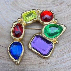 Park Lane Signed Vintage Multicolor Rhinestone Brooch, Abstract Gold-Tone