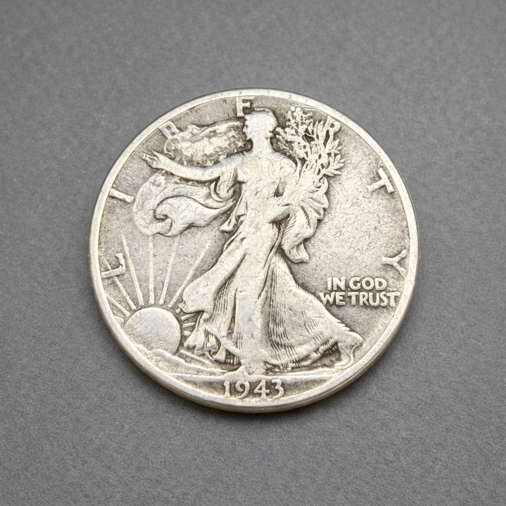 1943 Walking Liberty Silver Half Dollar: United States Walking Liberty Half Dollar dated 1943. Composed of 90% silver. Weighs approximately 12.3 grams, consistent with circulation wear. Design details remain visible on both obverse and rever