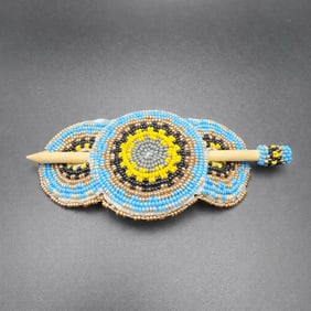 Native Style Beaded Hair Barrette w Wood Stick