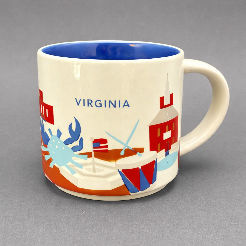 Starbucks You Are Here Virginia Mug 2015: Starbucks “You Are Here” collection ceramic mug featuring the Virginia state design, including coastal imagery, historic buildings, and nautical motifs. Cream exterior with cobalt blue interio
