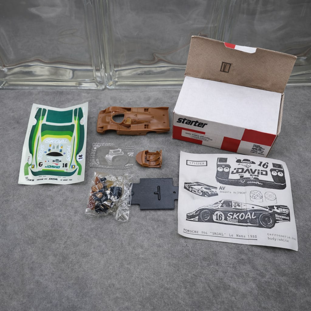 Starter Porsche 956 “Skoal” Le Mans 1983 Resin Kit: Vintage unbuilt resin model kit by Starter depicting the Porsche 956 in Skoal livery from the 1983 Le Mans race. Approximate 1:43 scale. Made in France.Includes original Starter box, instruction sheet