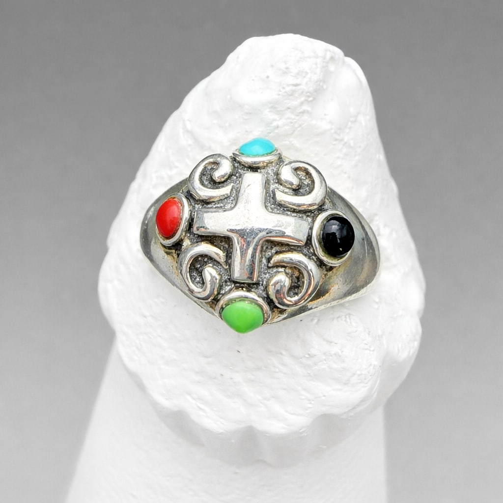 SE Marked Sterling Silver Multicolor Cabochon Cross Ring, Size 7.75: Sterling silver ring marked SE 925, featuring a raised cross motif with scrolling accents and four bezel-set multicolor cabochons (turquoise-blue, red, green, and black). Bold, dimensional design with