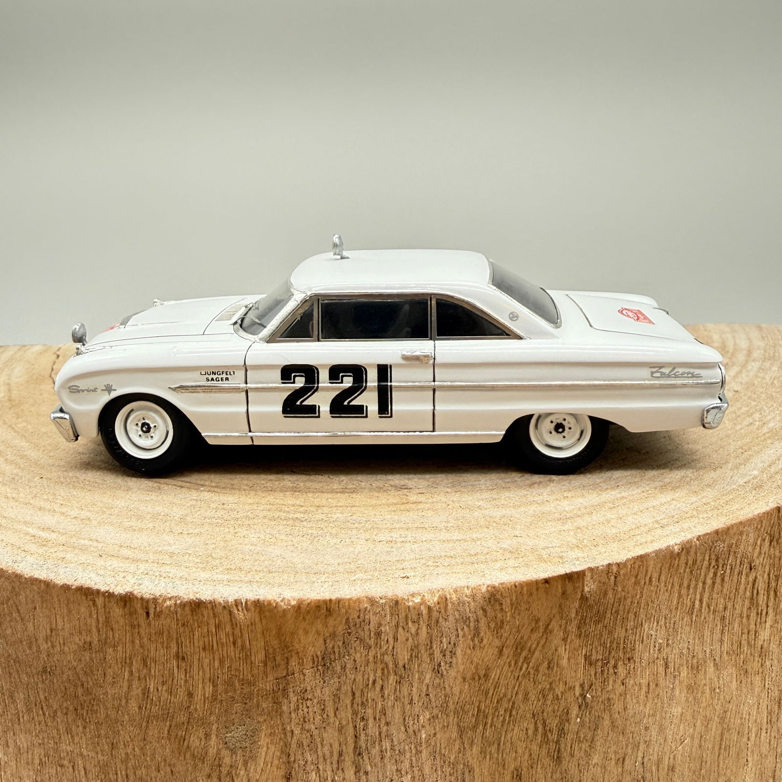 Ljungfelt Sager Ford Falcon Rally Monte Carlo #221 Built Model: Hand-built scale model of a Ford Falcon Sprint prepared in Rallye Monte Carlo #221 livery, believed to represent the Ljungfelt Sager–driven car. Signed and dated by DBR (Robb Brown) on the underside
