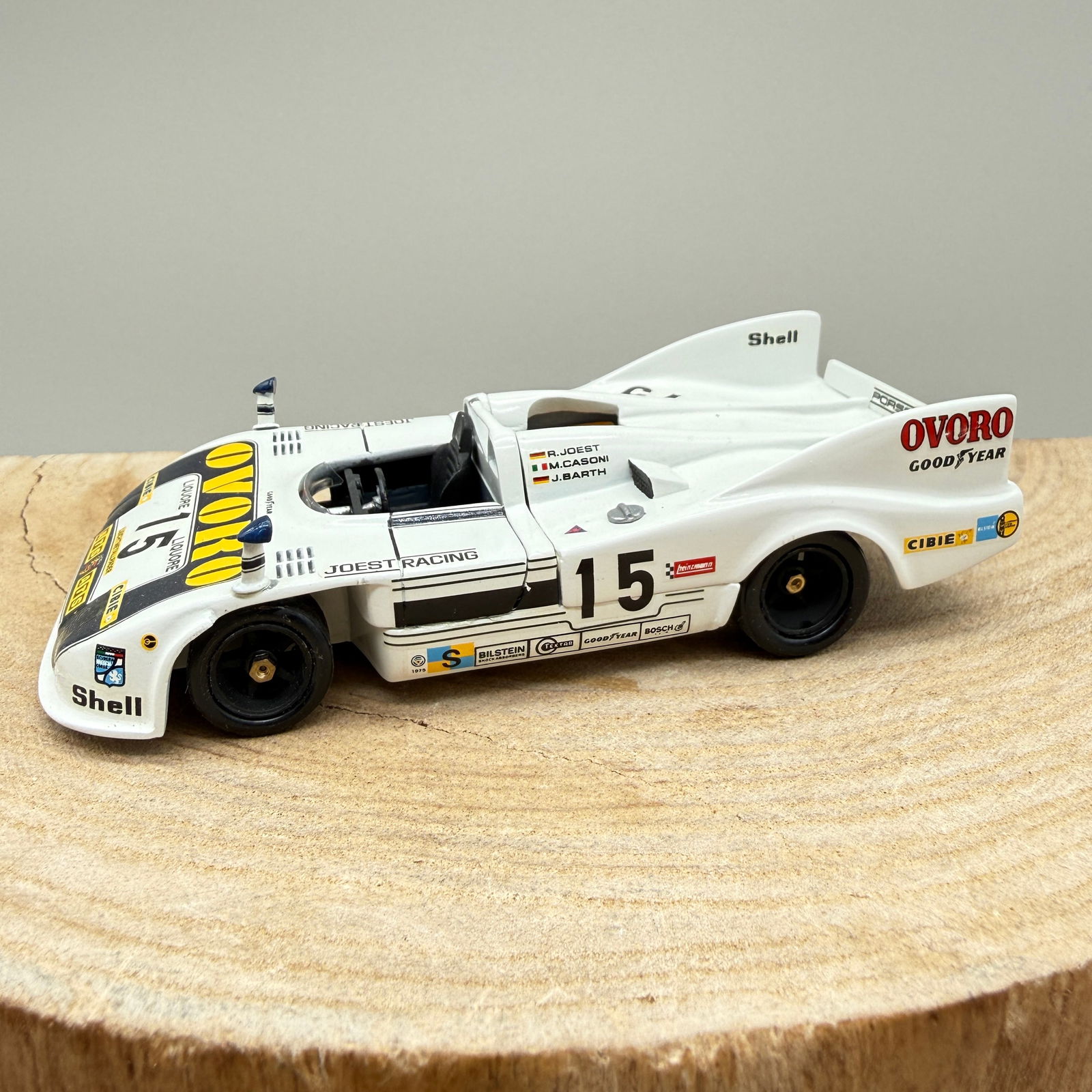 1:43 Porsche 908/4 Joest Racing Ovoro #15: Hand-built 1:43 scale white metal model of the Porsche 908/4 in Joest Racing Ovoro livery, car number 15, with driver markings R. Joest, M. Casoni, and J. Barth. Underside marked “908/4.” Make